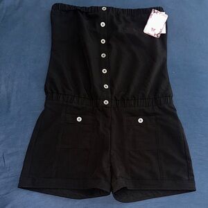 Black Button-Front Strapless Romper Shorts